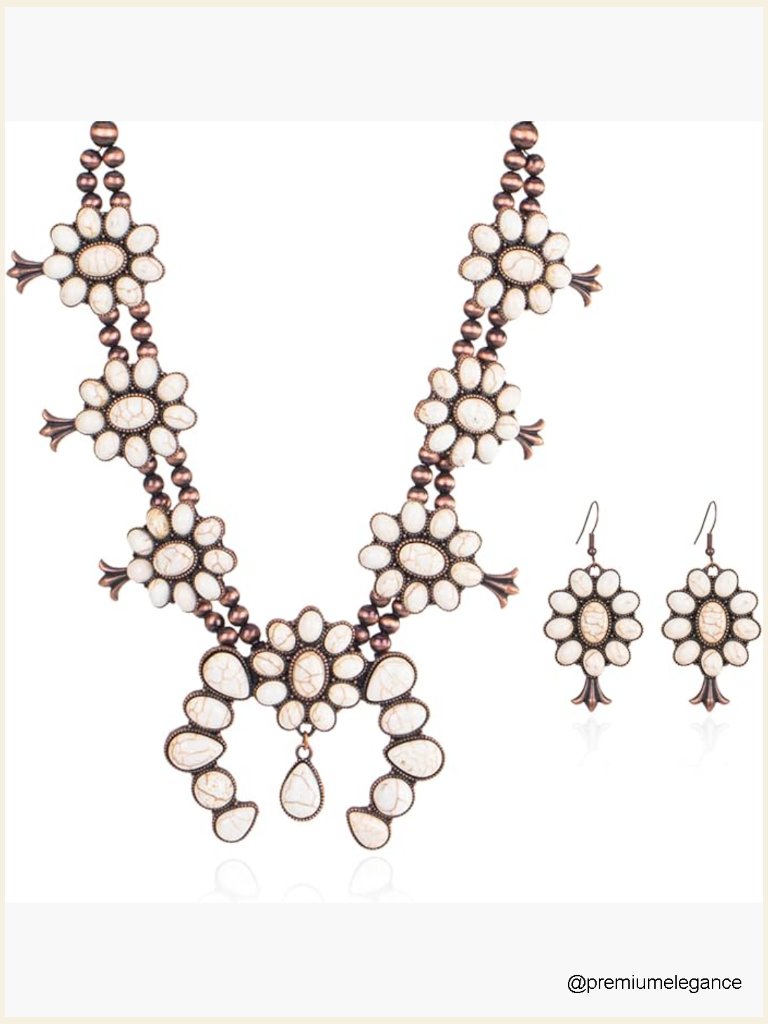 Vintage Cowgirl Western Turquoise Squash Blossom Jewelry Set - Necklace Earring